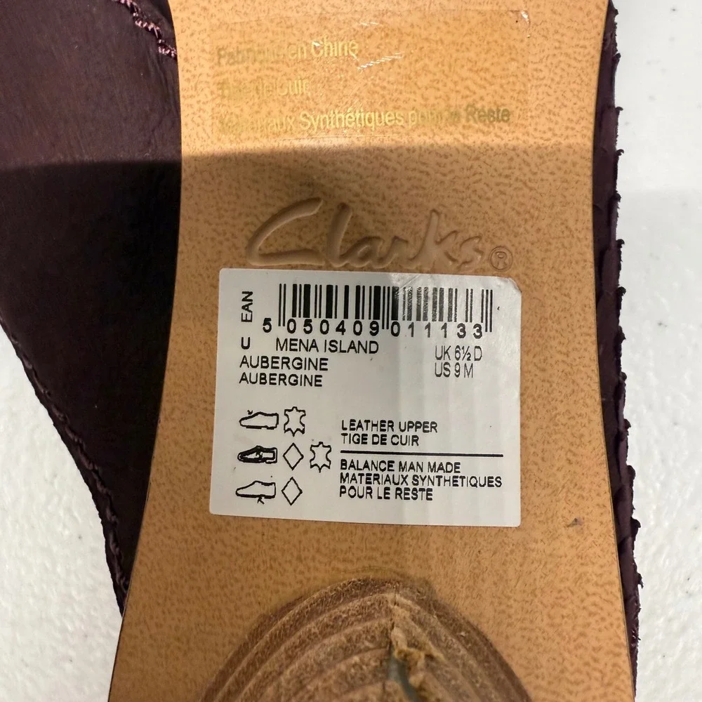 Clarks Mena Island Aubergine Leather Wine Slip On Heel Sandal Size 9